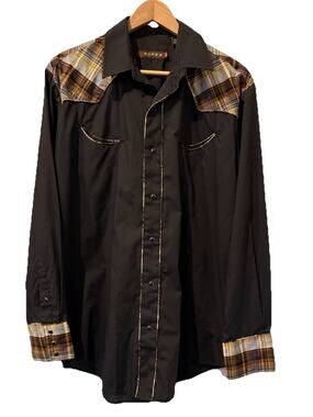 Roper Western Shirt L-Brown With Plaid With Gold-Lightweight-Pearl Snap Rodeo